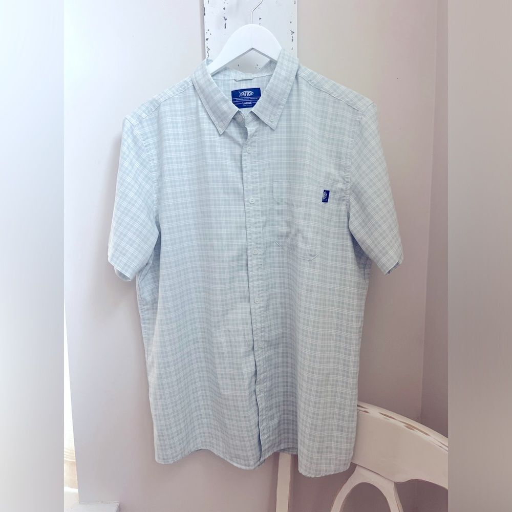 AFTCO light Blue-Green Casual Button Down Shirt; Size Large
